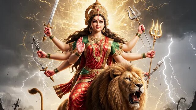 Fierce Goddess Durga on Lion with Weapons and Lightning &ndash; Divine Power and Protection