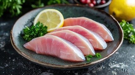 A plate of raw tuna fish fillets with lemon slices and parsley garnish, placed on a dark gray plate with a rustic wooden background.