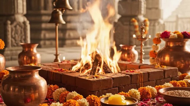 Sacred Havan Fire Ritual in Traditional Indian Temple with Flowers and Offerings