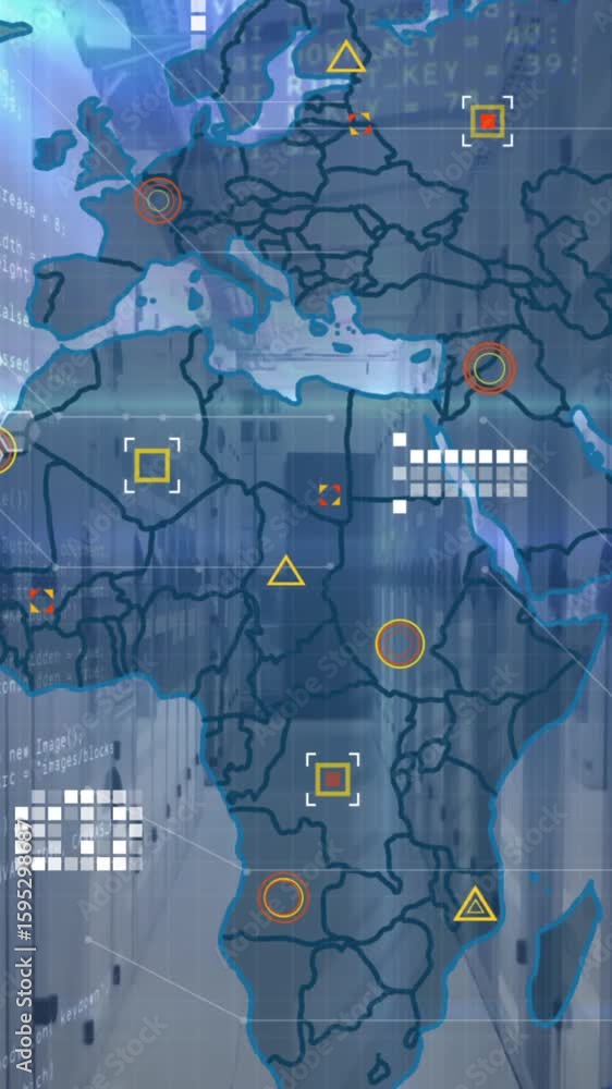 Poster animation of world map, data processing and blue light trails against computer server room
