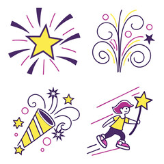 Yellow starbursts and purple star wand celebration