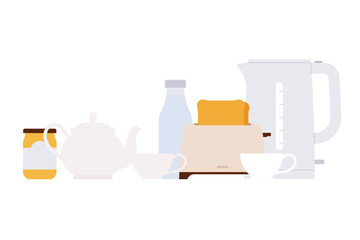 Breakfast tea scene with toaster, teapot, cups, electric kettle, milk bottle and jam jar. Cozy kitchen setup for morning meal. Simple illustration, stock flat vector, isolated.