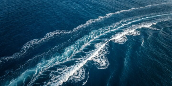 Wavy shoreline created by strong boat wake on a clear blue ocean under a bright sunny sky