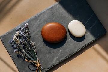 Elegant Spa Still Life with Soap Flowers and Stone Board in Sunlight