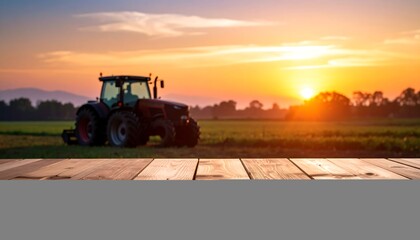 Fototapeta premium Tractor in a field at sunset. Wooden table top