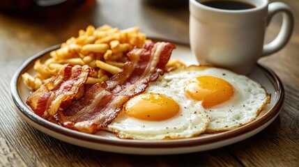 A classic American diner breakfast on a thick ceramic plate: two perfect sunny-side-up eggs, crispy bacon strips, and golden hash browns, next to a thick white coffee mug,bright diner lighting.