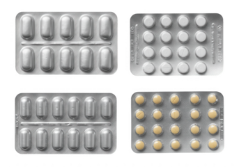 Four different blister packs of pills including white round and oval shaped tablets isolated on transparent background