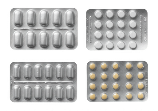 Four different blister packs of pills including white round and oval shaped tablets isolated on transparent background
