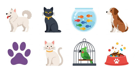Obraz premium Flat Vector Pet Icon Set – Dog, Cat, Fishbowl, Bird Cage, Paw Print, and Pet Food Bowl on White Background