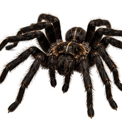 Detailed close up of a wild tarantula with hairy legs dark brownblack body and gleaming eyes under soft light capturing its intimidating yet fascinating presence