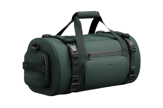 Dark Green Gym Duffel Bag with Dual Handles and Side Zipper Pocket, Front View, Isolated on Transparent Background