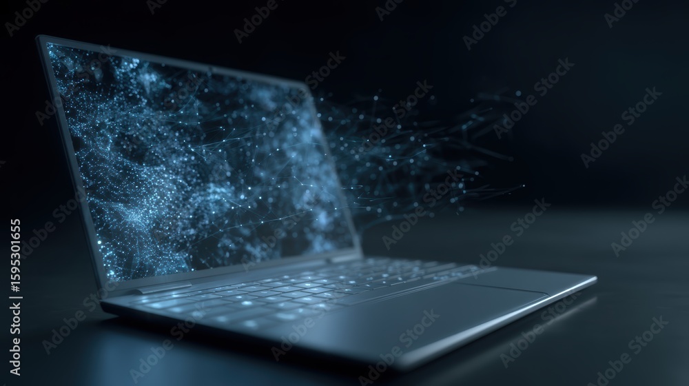 Poster a sleek laptop with a glowing keyboard displays a digital network of interconnected points and lines
