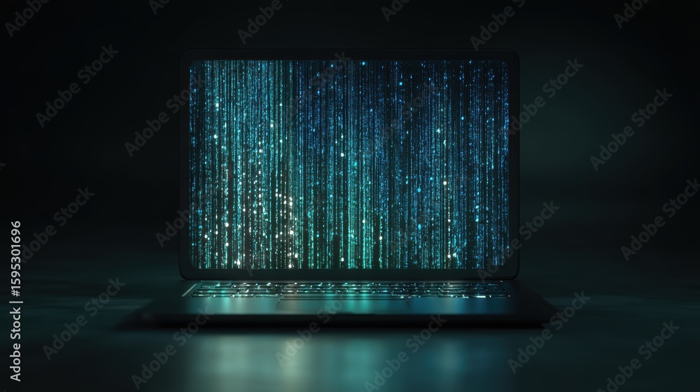 Poster a laptop screen displaying cascading green digital code, raining matrix in a dark environment, symbo