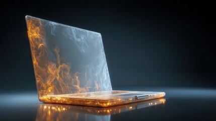 A laptop appears to be engulfed in fiery flames and smoke, symbolizing intense heat or overheating in a digital device, AI integrated laptop