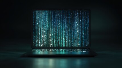 A laptop screen displaying cascading green digital code, raining matrix in a dark environment, symbolizing programming, cybersecurity, or data encryption, AI integrated laptop