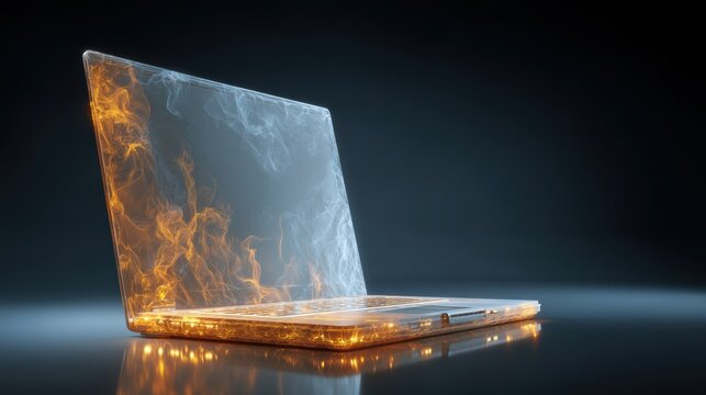 A laptop appears to be engulfed in fiery flames and smoke, symbolizing intense heat or overheating in a digital device, AI integrated laptop