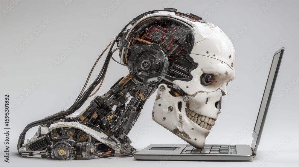 Poster a futuristic humanoid robot with exposed mechanical components and a skull-like face is engaging wit