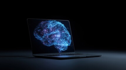 A digital brain hologram is projected above a laptop, symbolizing artificial intelligence, technology, and neural networks in a futuristic, dark setting, AI integrated laptop