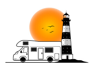 Black and white line illustration of a camper van by a lighthouse at sunset. Only the sun is in color – symbolizing freedom, wanderlust, and quiet adventure.