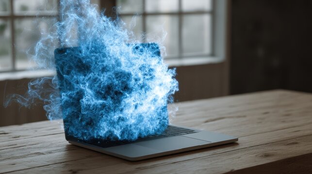 A laptop on a wooden table emits a glowing blue digital explosion or holographic effect, symbolizing data, technology, or futuristic innovation, AI integrated laptop