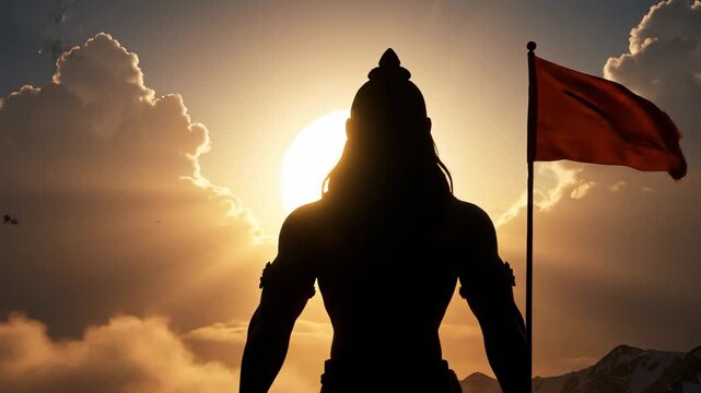 Silhouette of Lord Shiva with Saffron Flag at Sunrise &ndash; Symbol of Power and Dharma