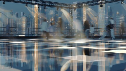 Dancers perform on a rooftop venue with stunning city skyline views during twilight