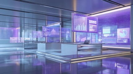 Inside an office with a large display, the futuristic design adds a sense of technology, showcasing charts and data visualization, bathed in cool blue hues.