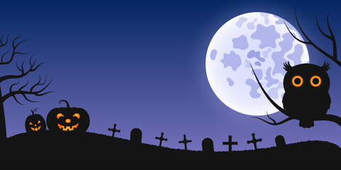 Scary Halloween night background with moon, owl, cemetery and pumpkins. Vector illustration.