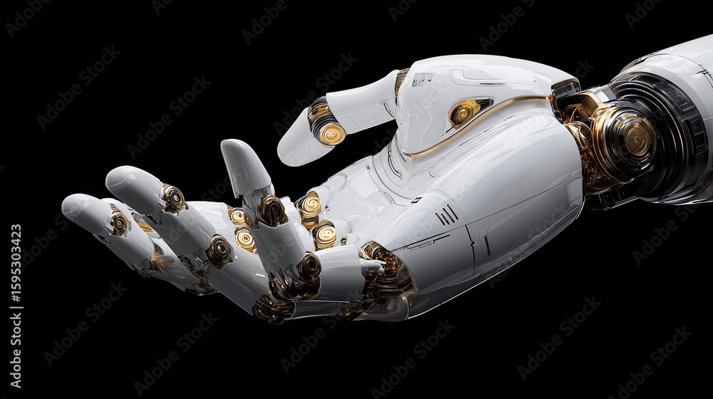 Poster futuristic robotic hand in detail: a close-up view captures the intricate design of a robotic hand, 