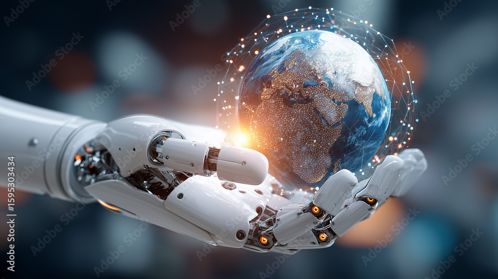 Poster technology and the globe: a photorealistic image captures a futuristic robotic hand delicately cradl