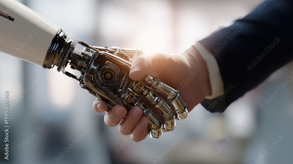 Poster handshake of innovation: a human hand clasps with a metallic robotic hand in a symbolic gesture of c