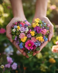 hands gently cradling a beautiful heart-shaped arrangement of colorful flowers. The arrangement symbolizes love and appreciation