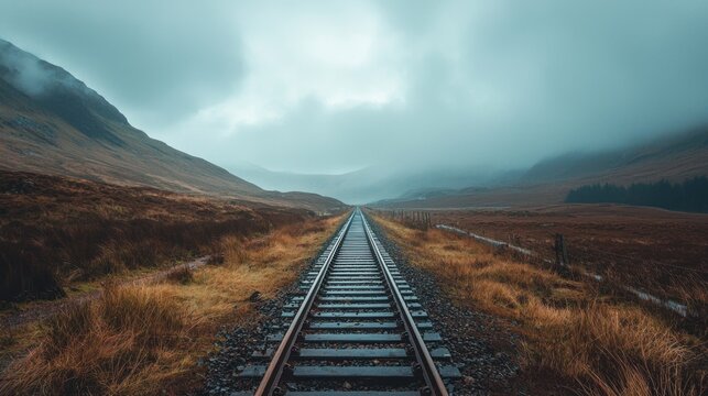 A long, straight railway track stretches into the distance, surrounded by a lush, green landscape with mountains in the background. The sky is overcast