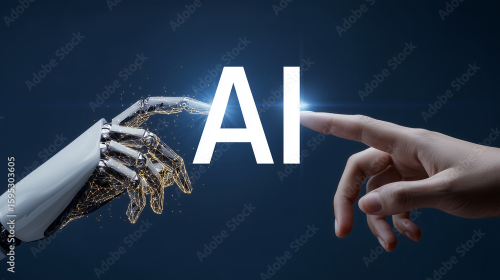 Poster ai interaction: a human hand and robotic hand extending towards each other, touching a bright ai tex