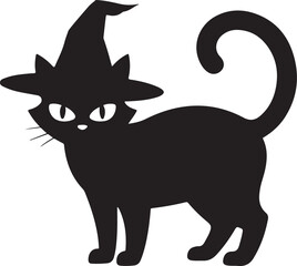 Halloween Cat Silhouette Vector, Collection of Witch Cat with Hat Icon Isolated and White Background