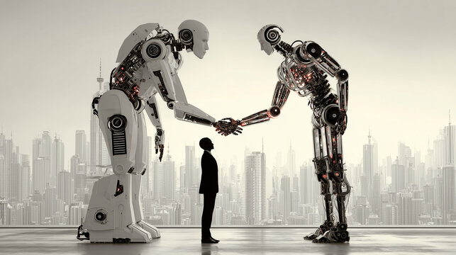 The Dawn of Collaboration: Two colossal robots shake hands over a miniature person, symbolizing the beginning of a unique cooperation in a high-tech cityscape, reflecting technological advancement. - Powered by Adobe