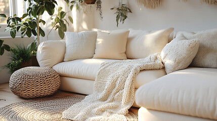 Serene Living Room Interior with Cream Sectional Sofa, Knitted Throw, and Woven Ottoman