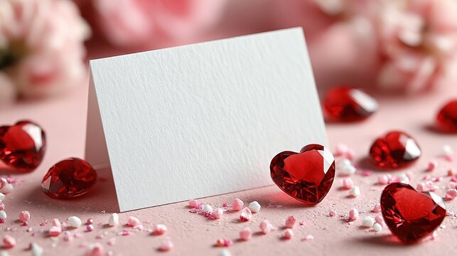 Blank White Card with Red Heart Gems on Light Pink Background, Glitter Confetti for Valentine Wedding Invitation