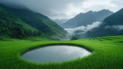 Foto auf Acrylglas Grün Serene mountain landscape with reflection pond and lush greenery  © Bilas AI