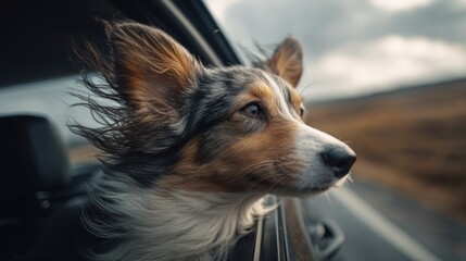 Obraz premium Dog's head, looking out car window. Wind in fur