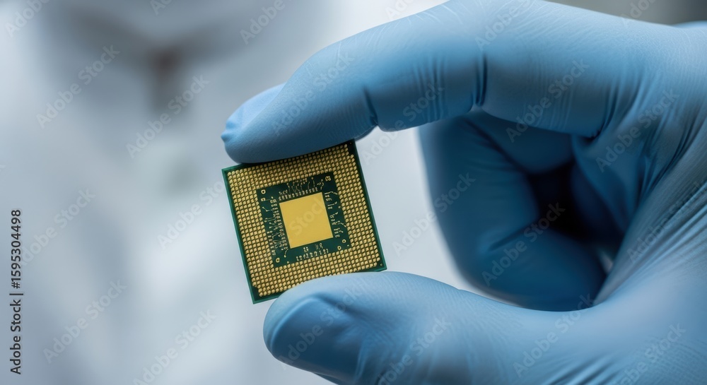 Poster detailed close-up of a hand holding a modern microchip in a laboratory setting