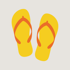Bright yellow flip flops with orange straps on a light background