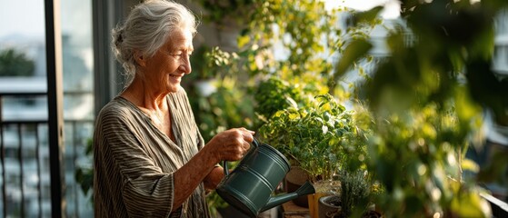 An elderly woman is joyfully watering her plants on a sun-drenched balcony, creating a relaxing and fulfilling moment