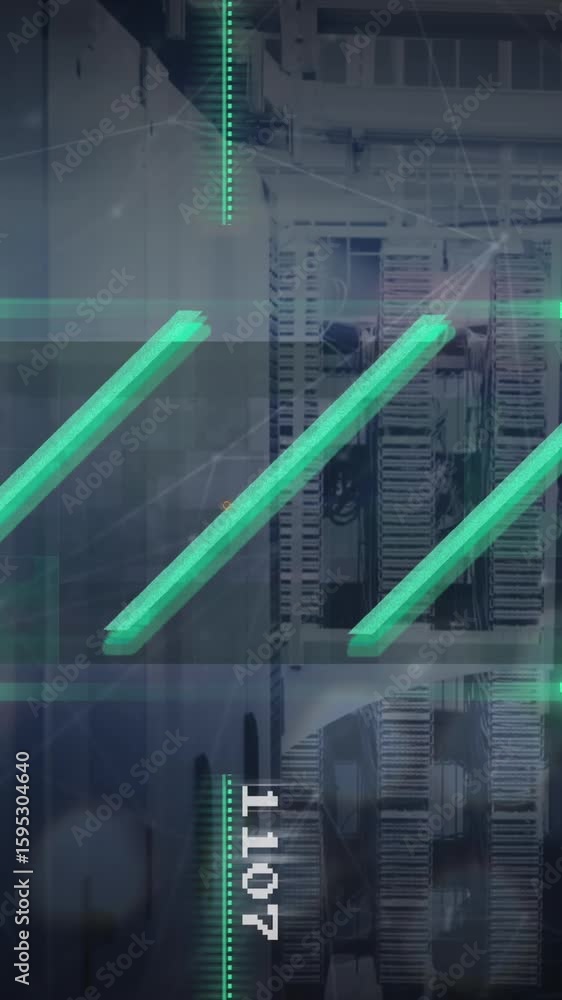 Poster animation of lines in viewfinder and changing numbers over data server systems in server room