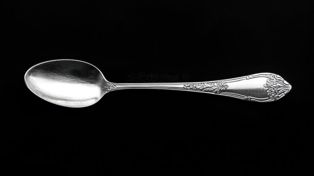 A silver spoon with a floral design on a black background.