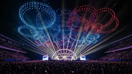 Spectacular Light and Drone Show Illuminating a Grand Stadium with a Thrilled Audience - Powered by Adobe