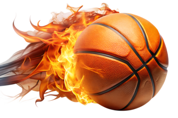 A basketball on fire with flames trailing behind it on a transparent background
