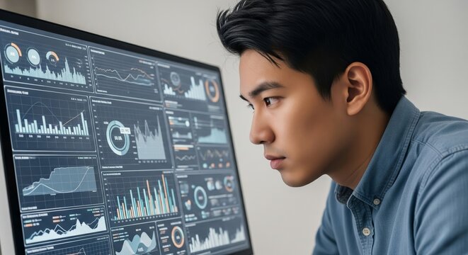 Focused Analysis: An Asian professional deeply engrossed in data visualization, carefully analyzing complex information displayed on a large computer screen.