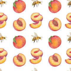 Watercolor seamless pattern with peach. Design for background, fabric, packaging