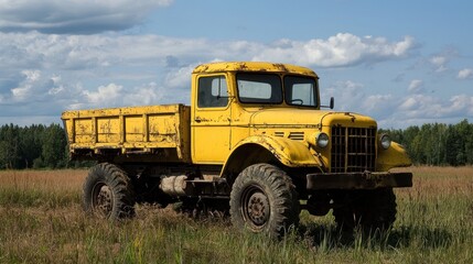 Obraz premium An old, yellow, rusted truck with a wooden bed parked in a field with a cloudy sky in the background.